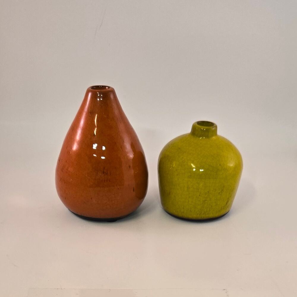 Colorful Ceramic Bud Vases Set of 2 MCM Style Decor Orange Yellow 6" and 4" - Picture 2 of 5